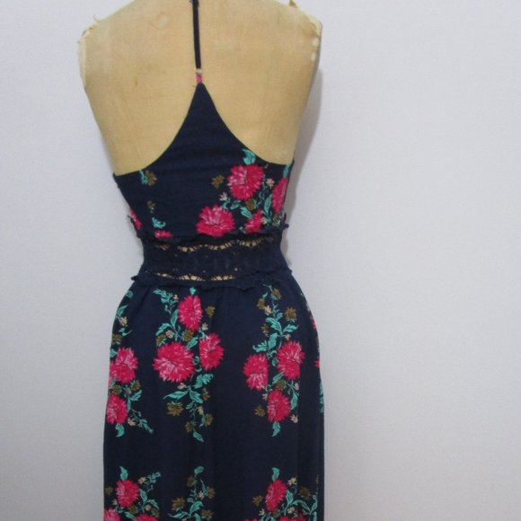 Floral Maxi Halter Racer Dress Fuchsia Navy Blue Crepe - Picture 4 of 10
